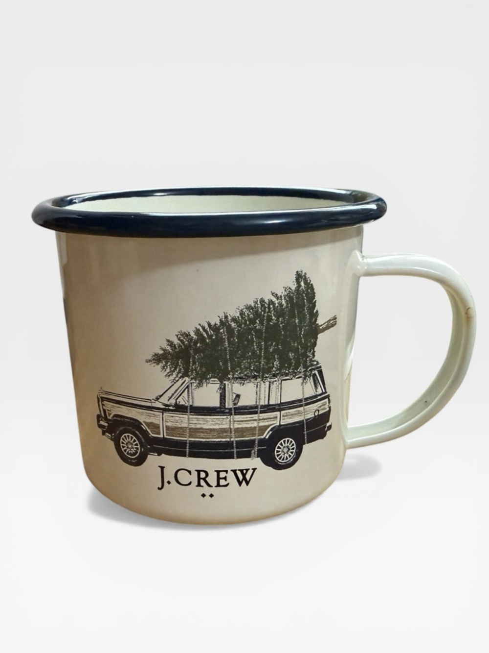 J. Crew Cream Enamel Mug with Navy Rim and Black Car Graphic